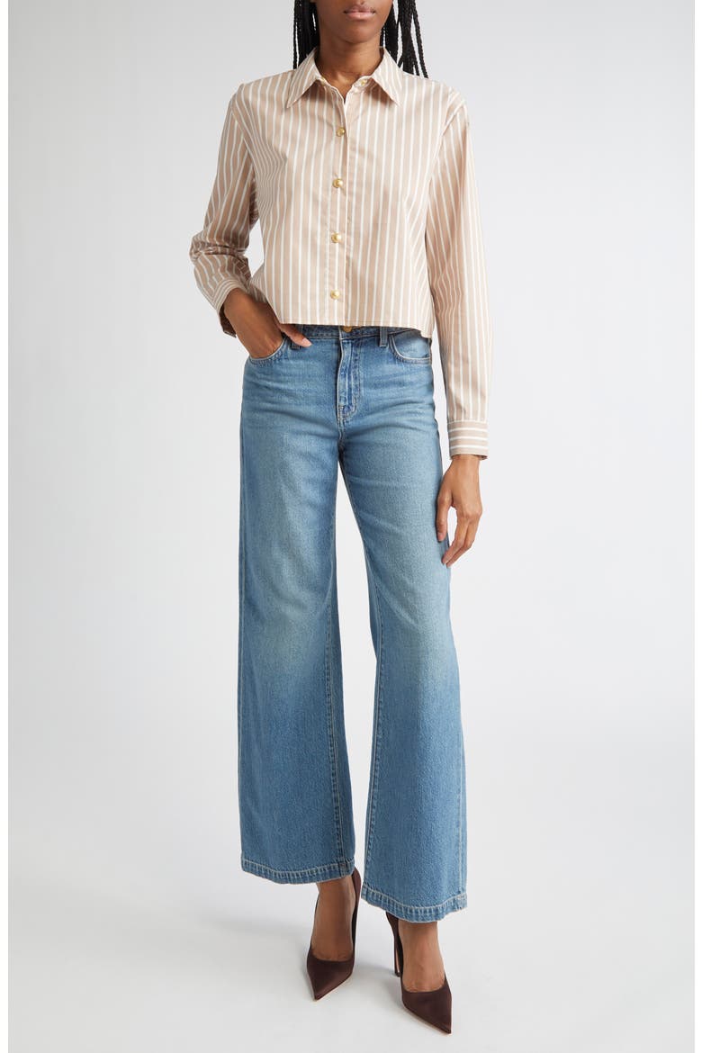 Cosette Stripe High-Low Crop Snap-Up Shirt, Alternate, color, CAPPUCCINO/ IVORY STRIPE
