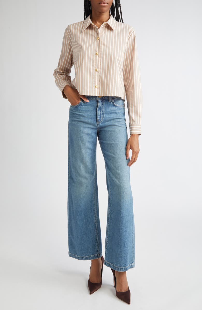 L'AGENCE Cosette Stripe High-Low Crop Snap-Up Shirt, Alternate, color, Cappuccino/ Ivory Stripe