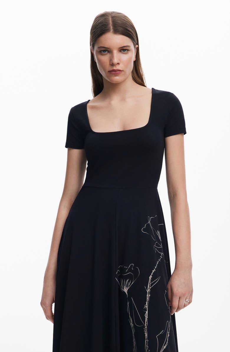 Desigual Floral Square Neck Cotton Graphic Midi Dress, Alternate, color, 