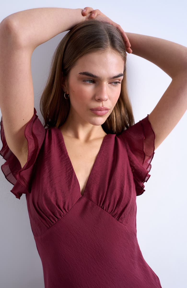 Topshop Flutter Sleeve Georgette Midi Dress, Alternate, color, Red