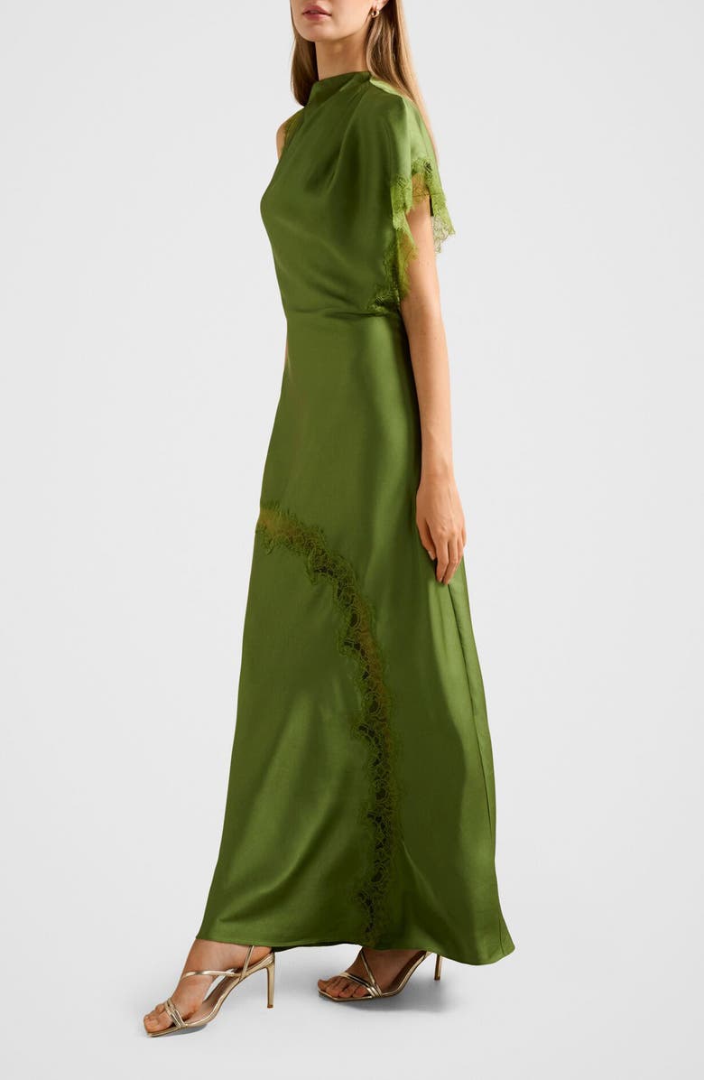 Ever New Kody One-Shoulder Satin & Lace Gown, Alternate, color, Green