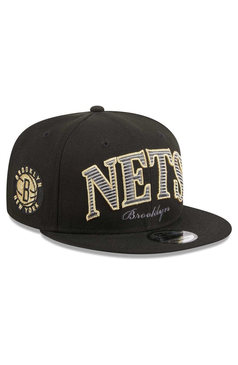 New Era Men's New Era Black Brooklyn Nets Golden Tall Text 9FIFTY Snapback Hat, Main, color, Black