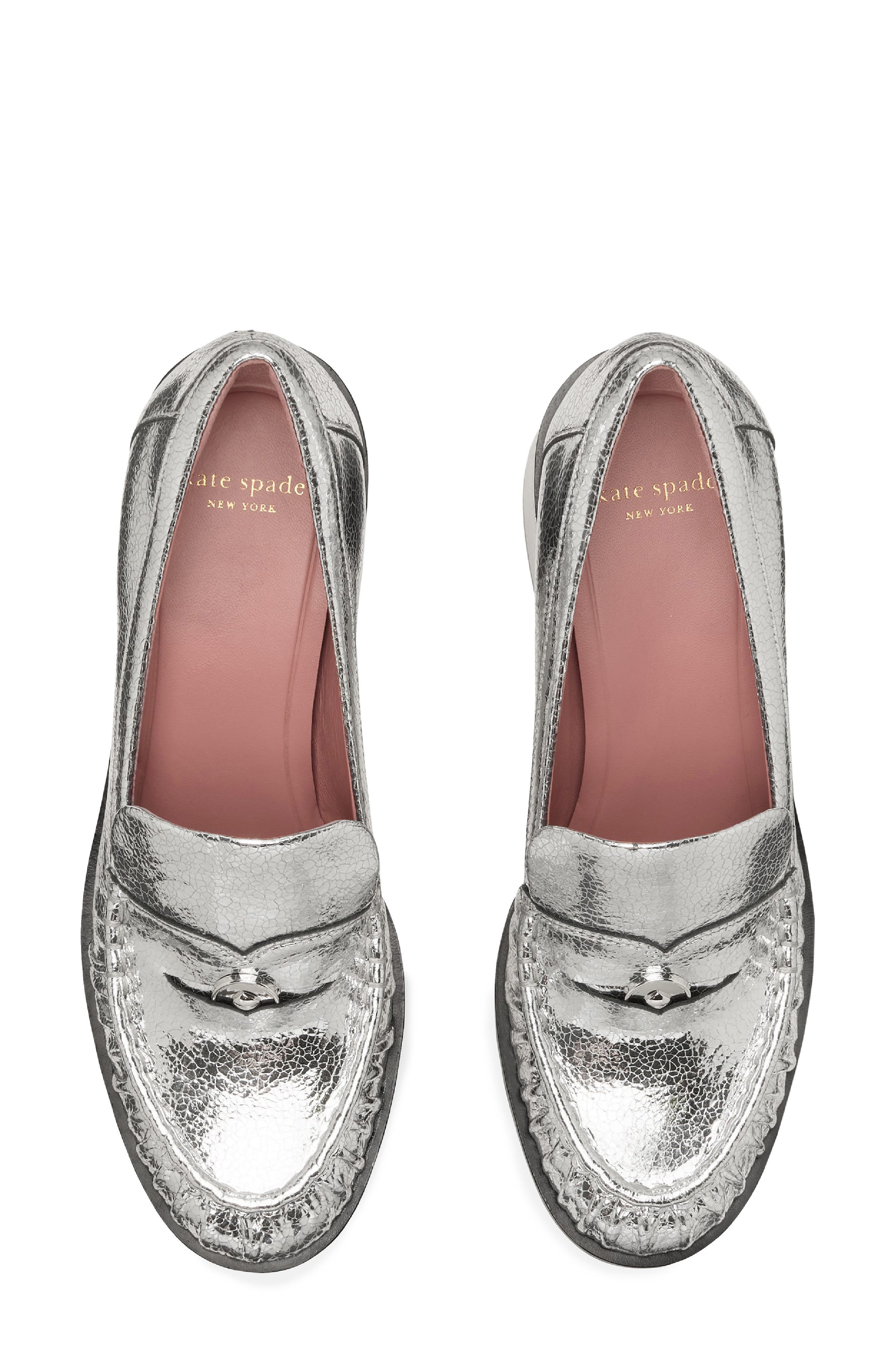 metallic leather penny loafer pump, Alternate, color, SILVER