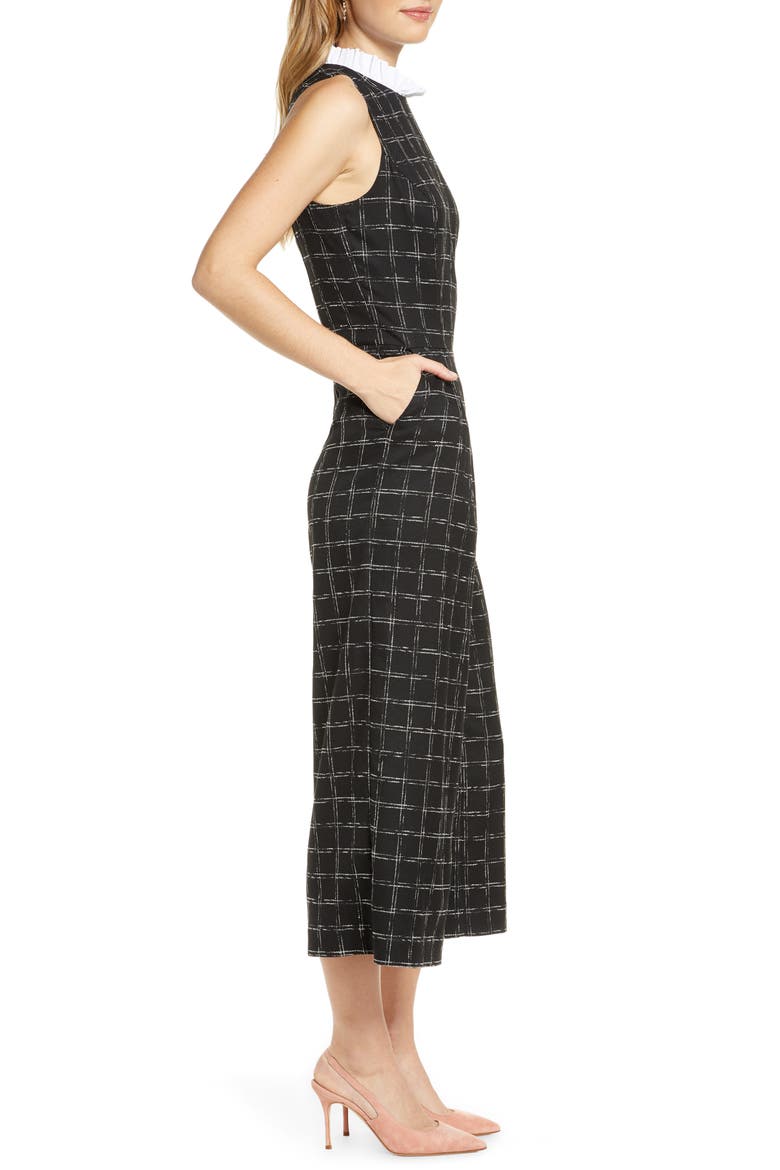 Windowpane Plaid Ruffle Collar Crop Jumpsuit, Alternate, color, BLACK