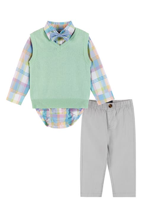 Plaid Button-Up Bodysuit, Sweater Vest, Bow Tie & Pants Set (Baby)
