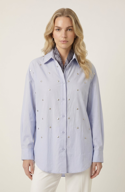 Stud Detail Printed Scarf Button-Up Shirt Set