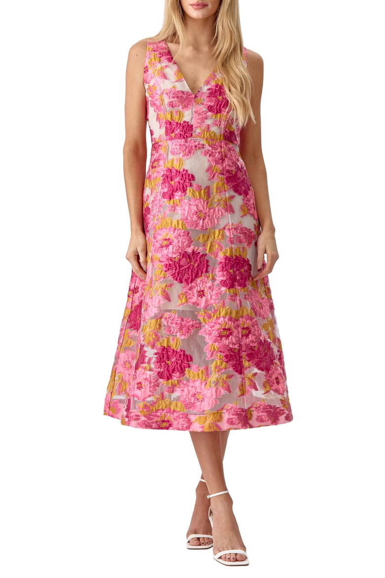 Agnes Floral Jacquard Midi Dress, Main, color, PINK YELLOW