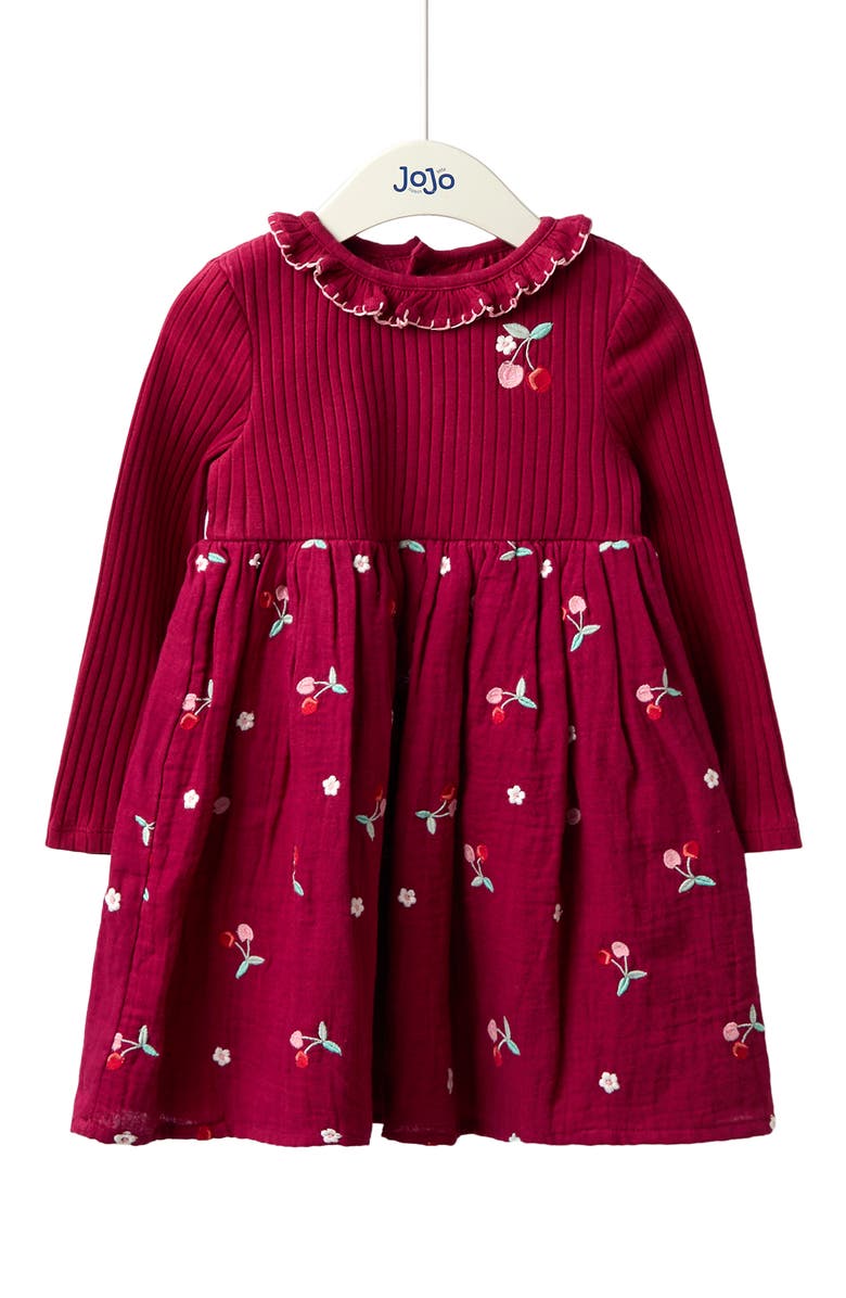 JOJO MAMAN BEBE Kids' Cherry Embroidered Long Sleeve Dress, Main, color, Burgundy
