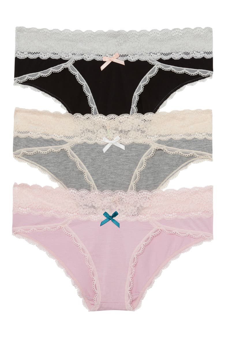 Intimates Ahna 3-Pack Hipster Panties, Main, color, BLACK/ GREY/ PRIMROSE