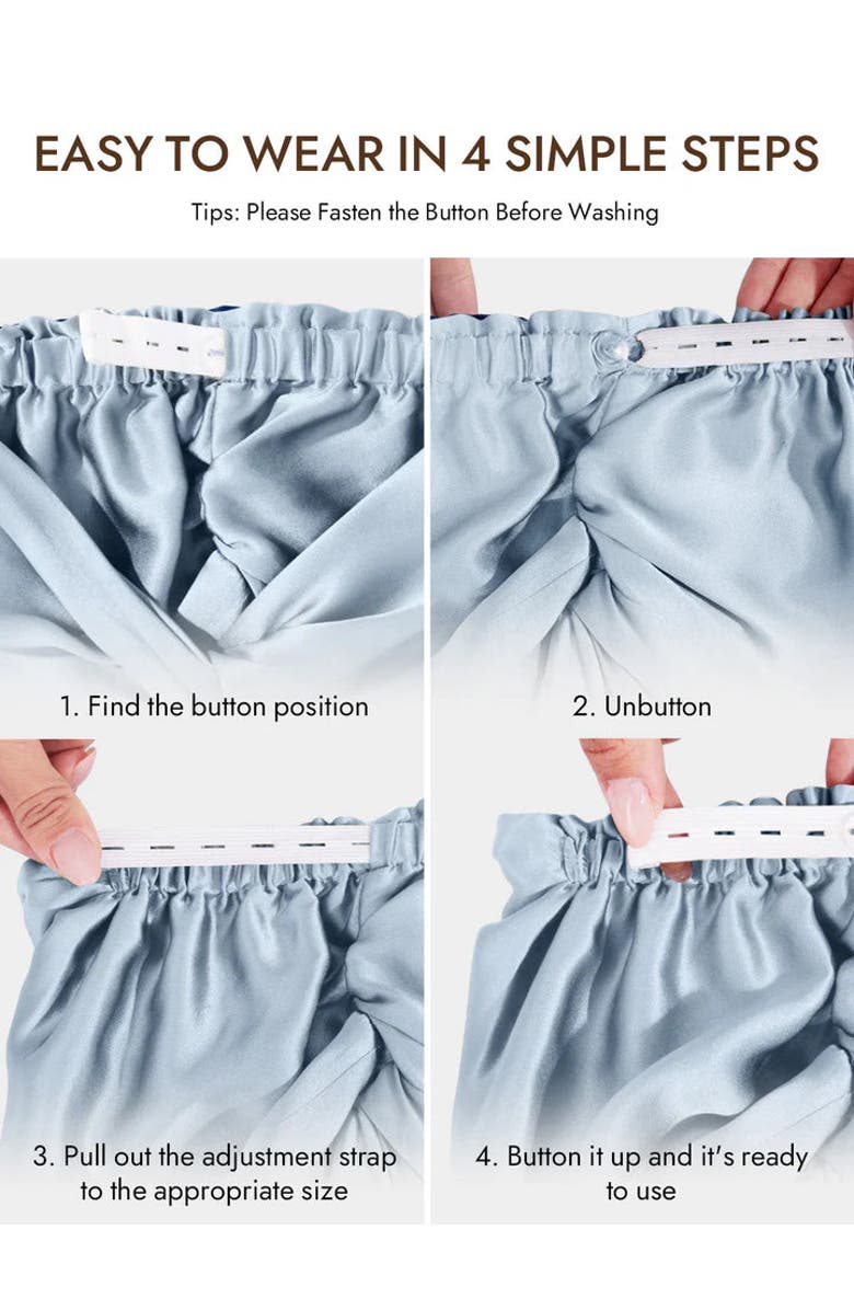 SILKSILKY 22Momme Pure Silk Knot Front Hair Bonnet with Adjustable Button Design, Alternate, color, Steelblue