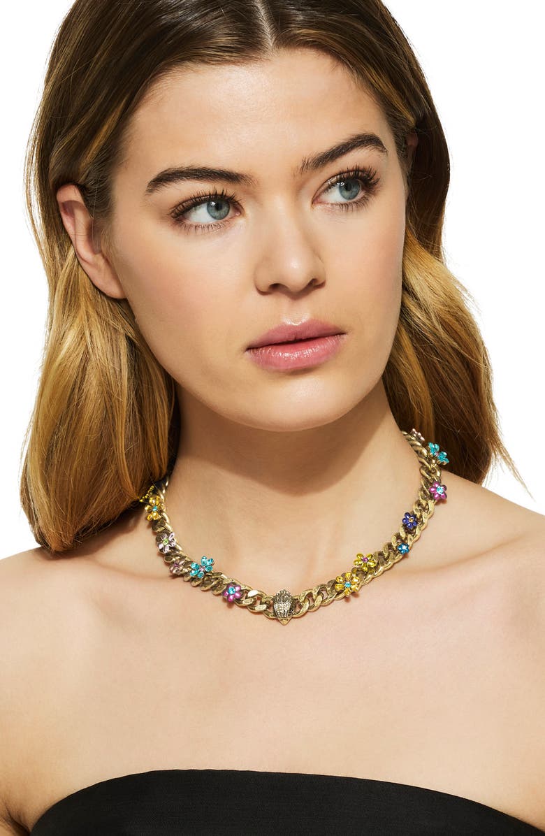 Kurt Geiger London Eagle's Head Floral Curb Chain Collar Necklace, Alternate, color, Gold