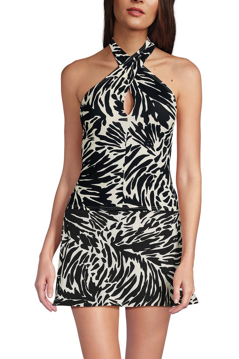 Criss Cross Halter Tankini Swimsuit Top, Main, color, Black/Egret White Leaf Scroll