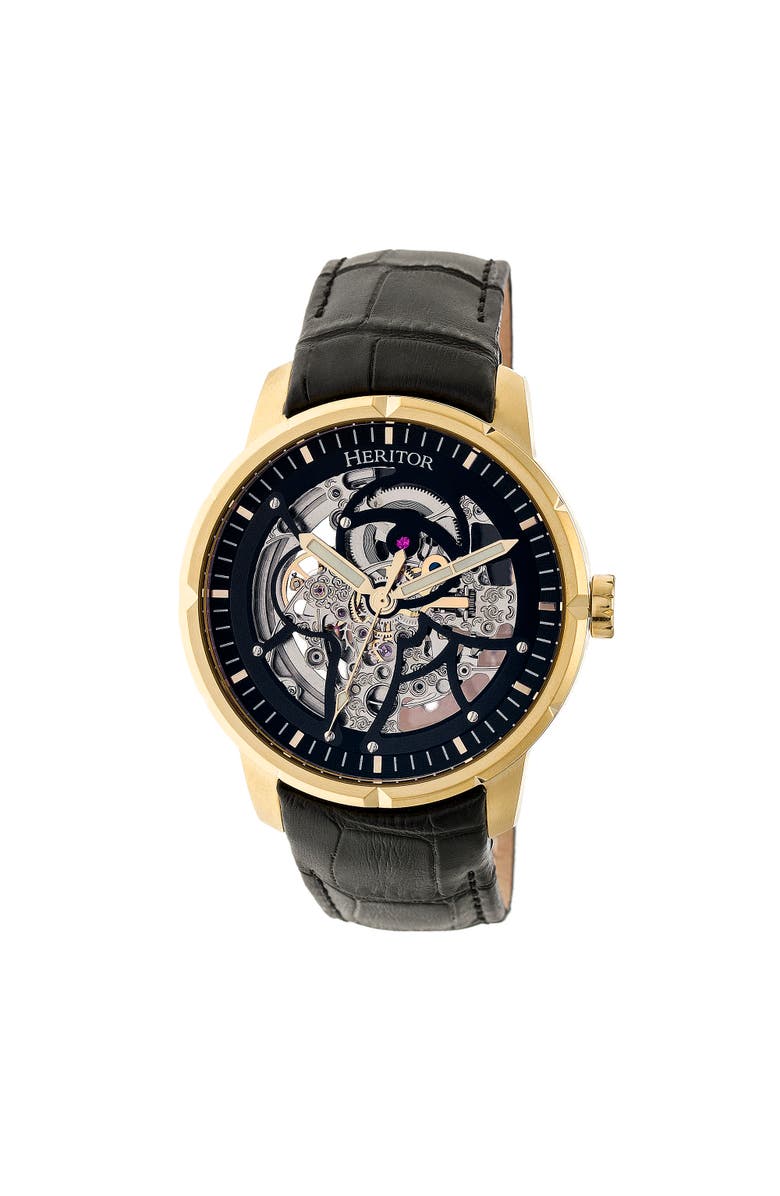 Heritor Automatic Ryder Skeleton Leather-Band Watch, Main, color, Black/Gold