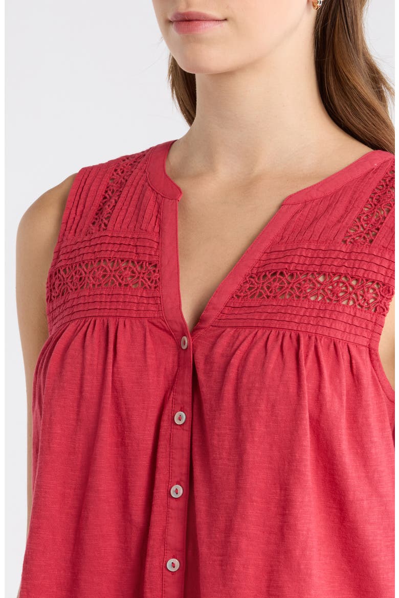 Lace Inset Cotton Button-Up Tank, Alternate, color, DEEP CLARET