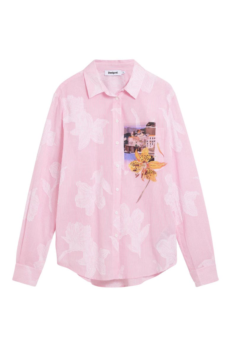 Floral Appliqué Stripe Graphic Button-Up Shirt, Alternate, color, PINK