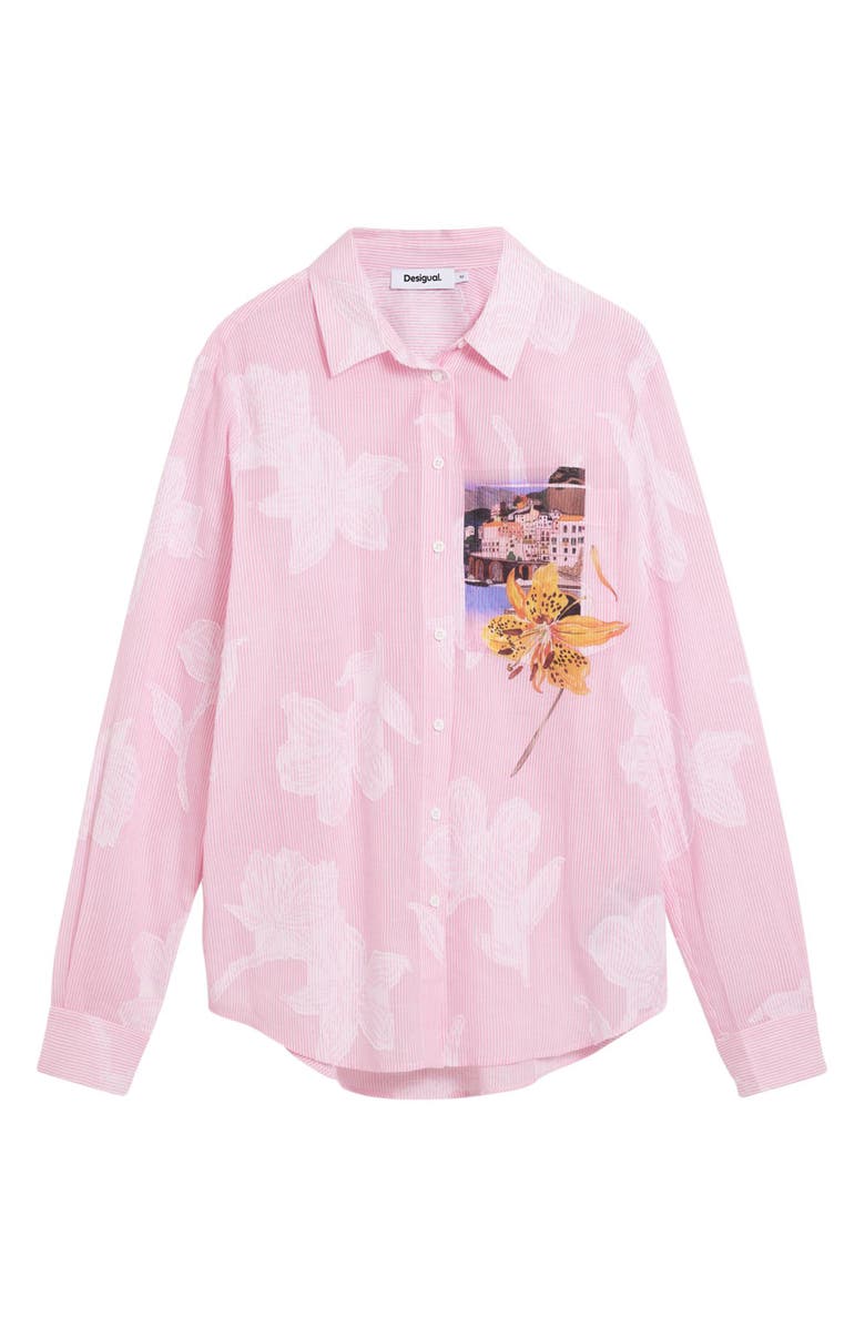 Desigual Floral Appliqué Stripe Graphic Button-Up Shirt, Alternate, color, Pink