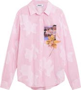 Desigual Floral Appliqué Stripe Graphic Button-Up Shirt