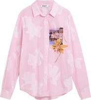 Desigual Floral Appliqué Stripe Graphic Button-Up Shirt