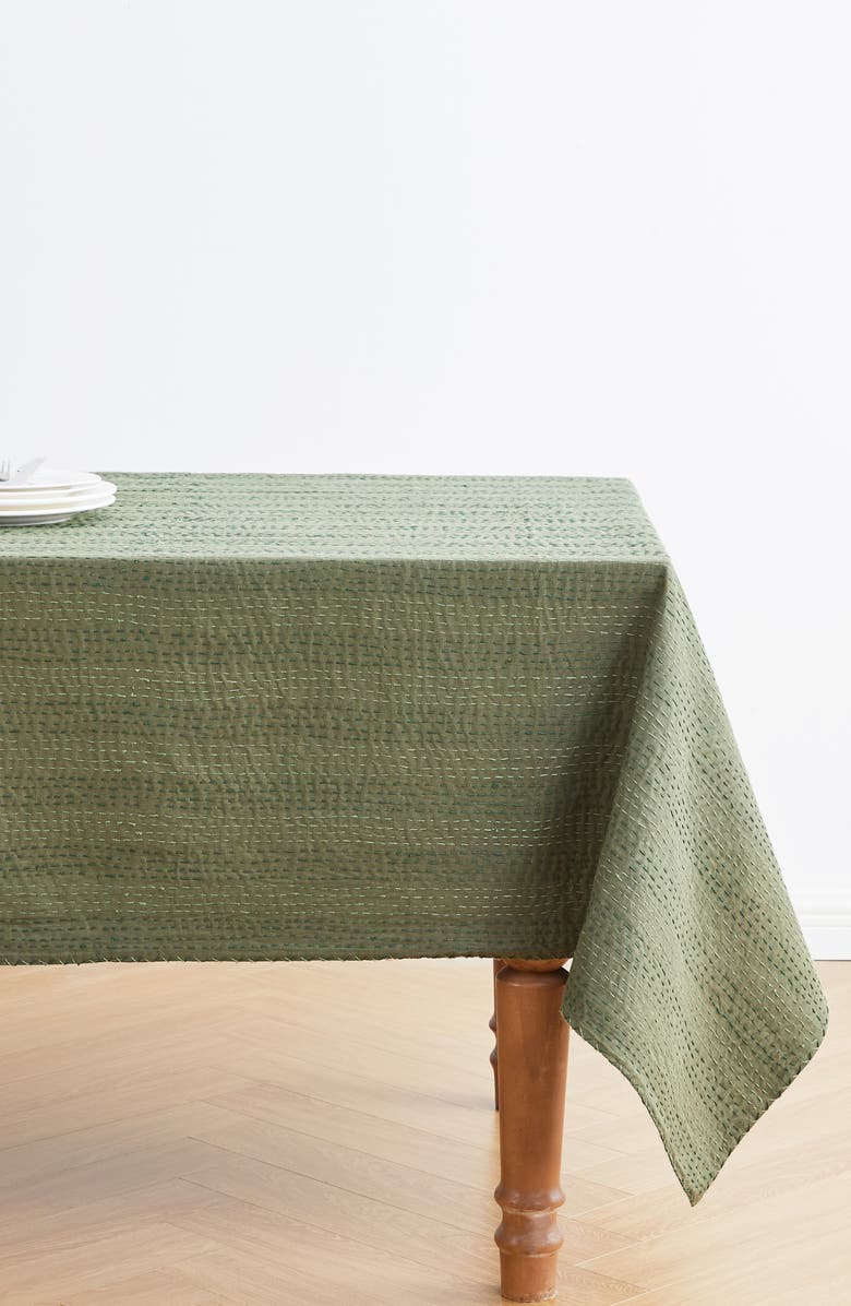 MELANGE HOME Kantha Reversible Cotton Throw Blanket, Alternate, color, Forest And Olive