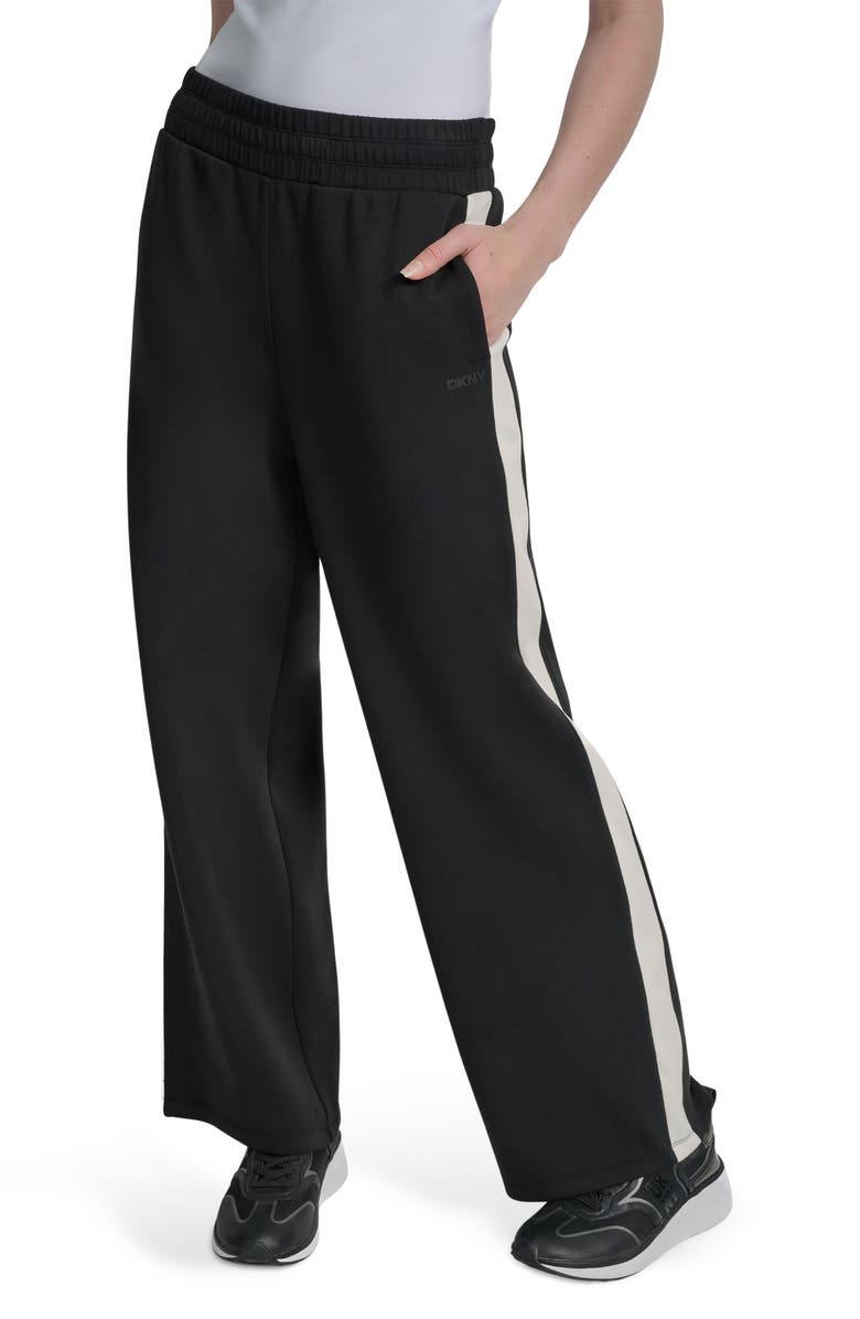 DKNY High Waist Modified Wide Leg Track Pants, Main, color, Black/ Eggnog