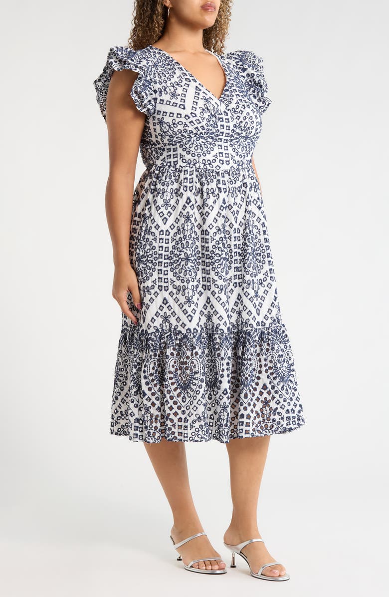 SUGARLIPS Ines Zayla Eyelet Cotton Poplin Midi Dress, Alternate, color, White-Blue