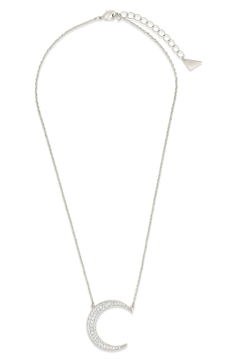 Sterling Forever Stationed Cubic Zirconia Crescent Pendant Necklace, Alternate, color, Silver