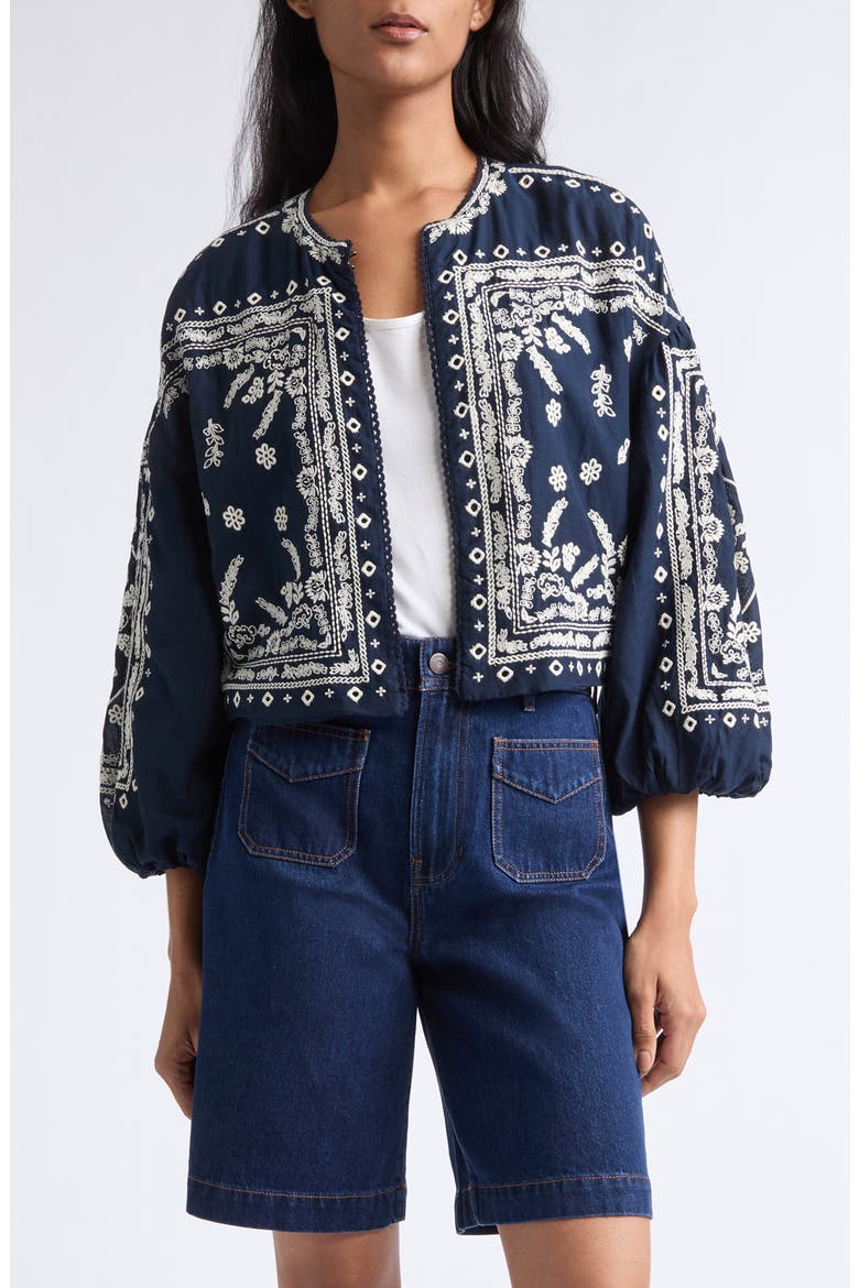 Drake Embroidered Bandana Print Cotton Blend Jacket, Main, color, NAVY