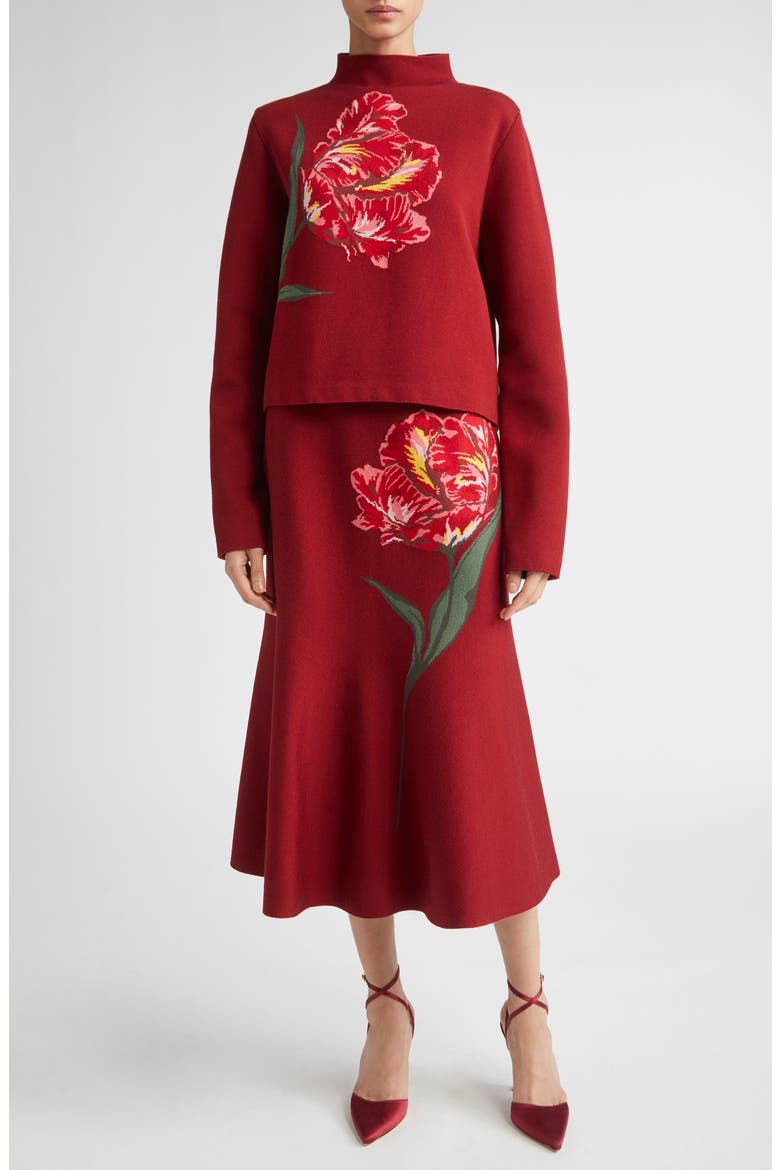 Floral Jacquard Flared Skirt, Alternate, color, GARNET MULTI