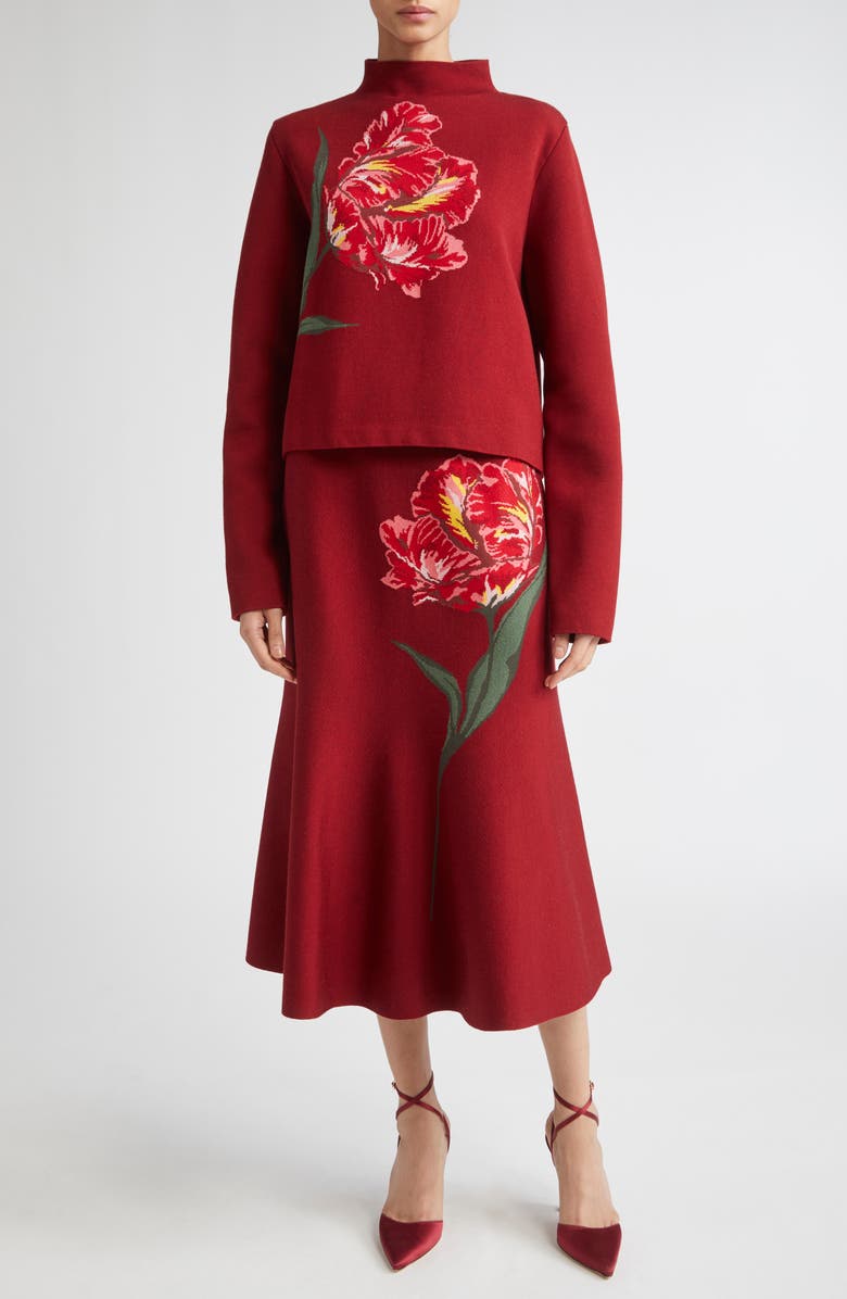 Carolina Herrera Floral Intarsia Funnel Neck Sweater, Alternate, color, Garnet Multi