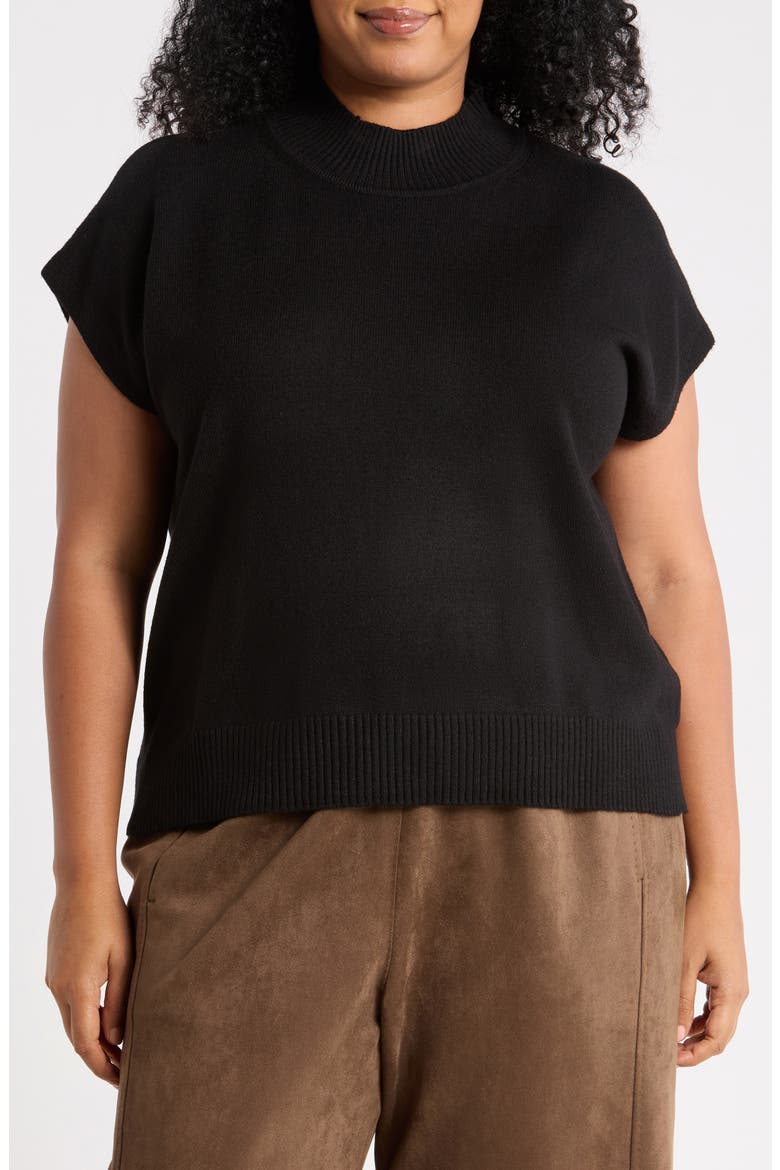 Mock Neck Short Sleeve Sweater, Main, color, BLACK