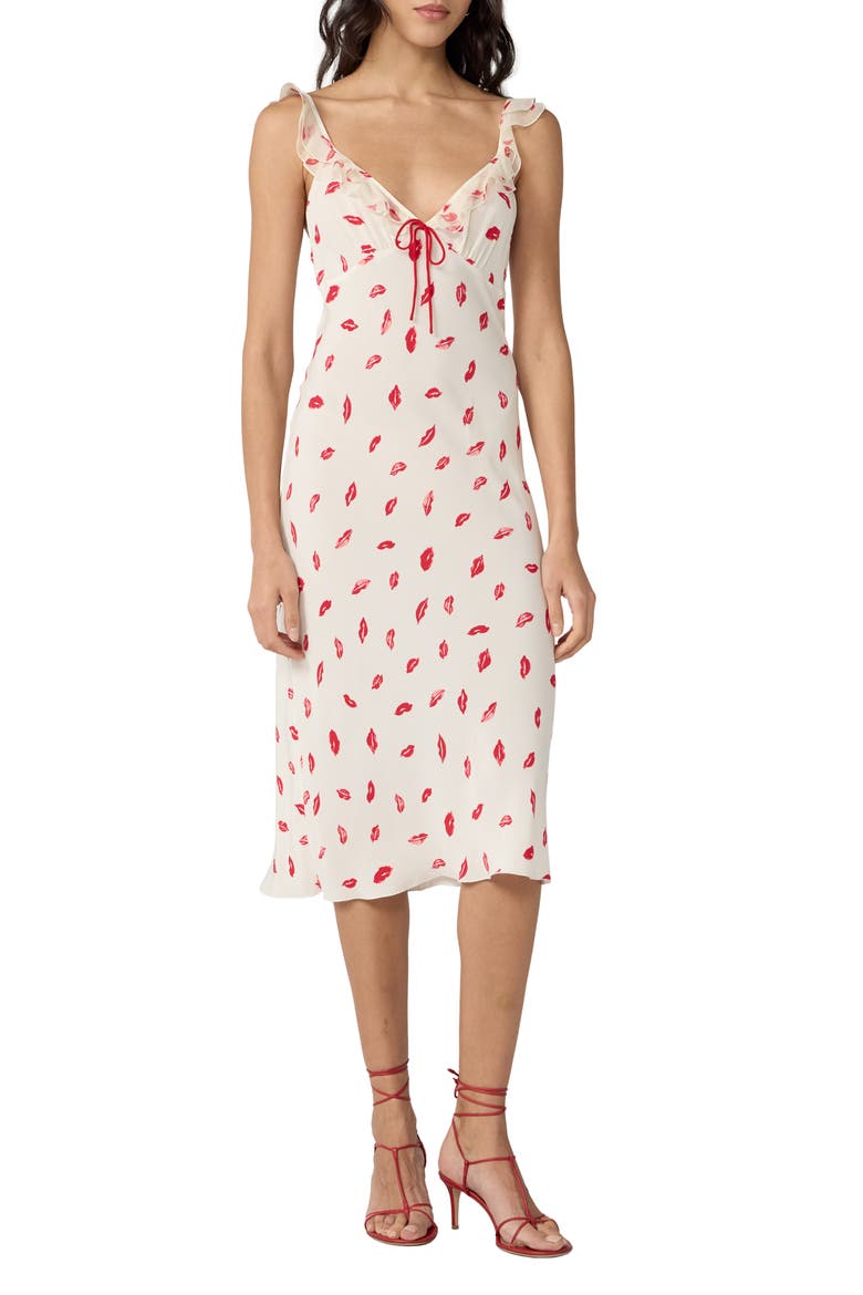 Christina Lip Print Ruffle Sleeve Midi Dress, Main, color, BISOUS BISOUS CLOUD IVORY