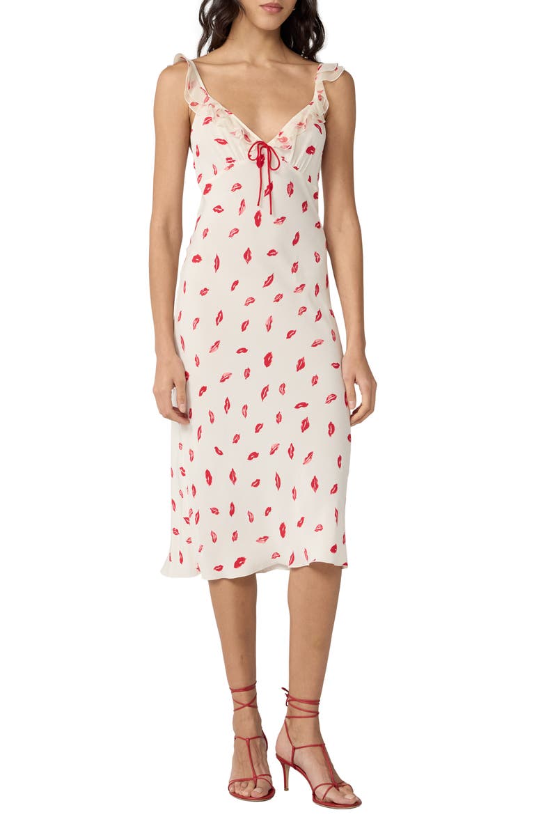 DVF Christina Lip Print Ruffle Sleeve Midi Dress, Main, color, Bisous Bisous Cloud Ivory