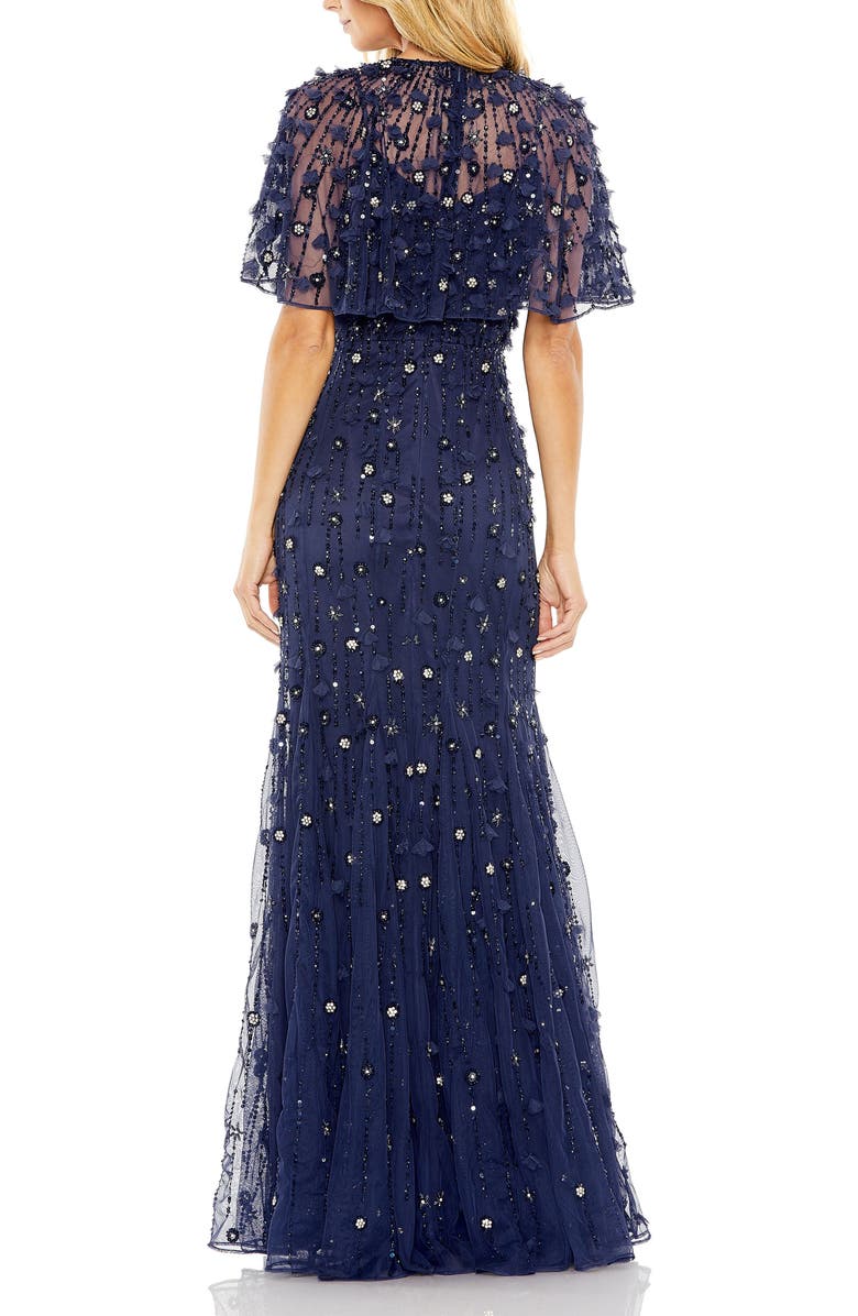 Mac Duggal Women's Embellished Illusion Cape Sleeve Trumpet Gown, Alternate, color, Midnight