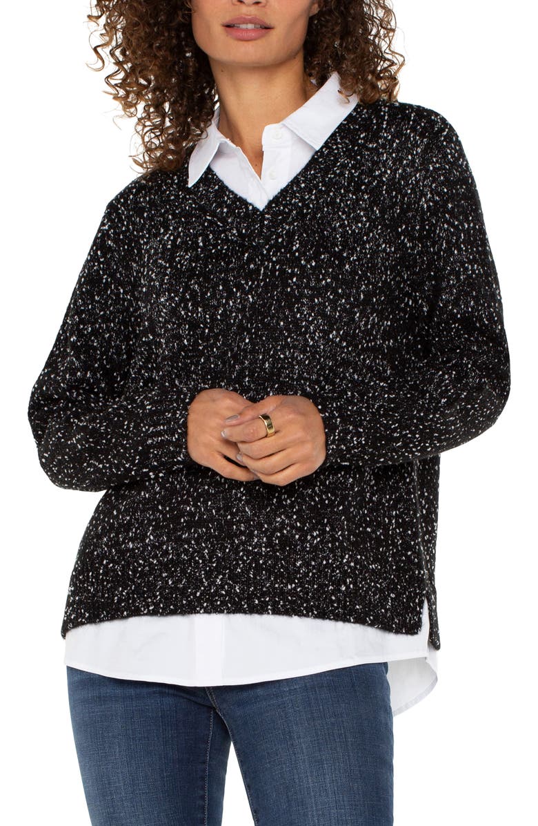 Liverpool Layered Look Mélange Sweater, Alternate, color, Blk W/ Wht Flks