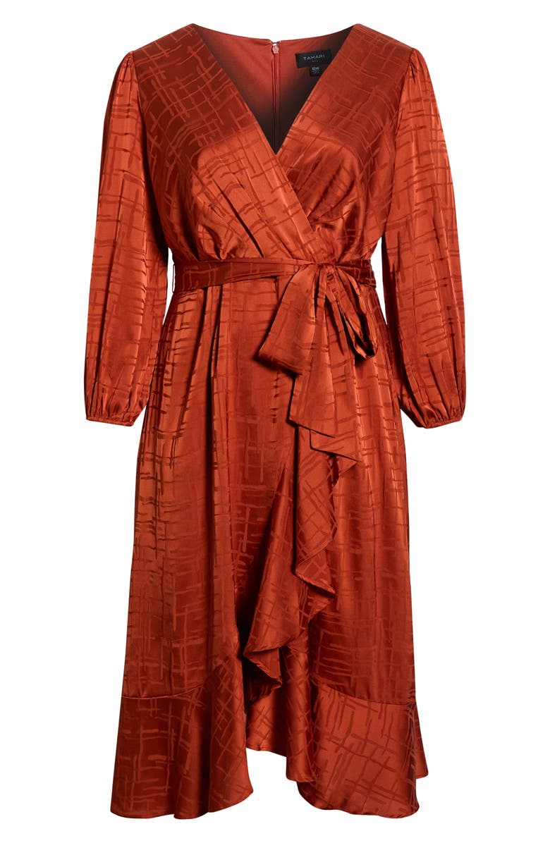 Tahari ASL Long Sleeve Satin Faux Wrap Dress, Alternate, color, Persimmon