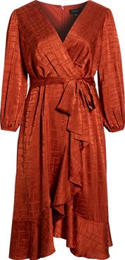 Tahari ASL Long Sleeve Satin Faux Wrap Dress