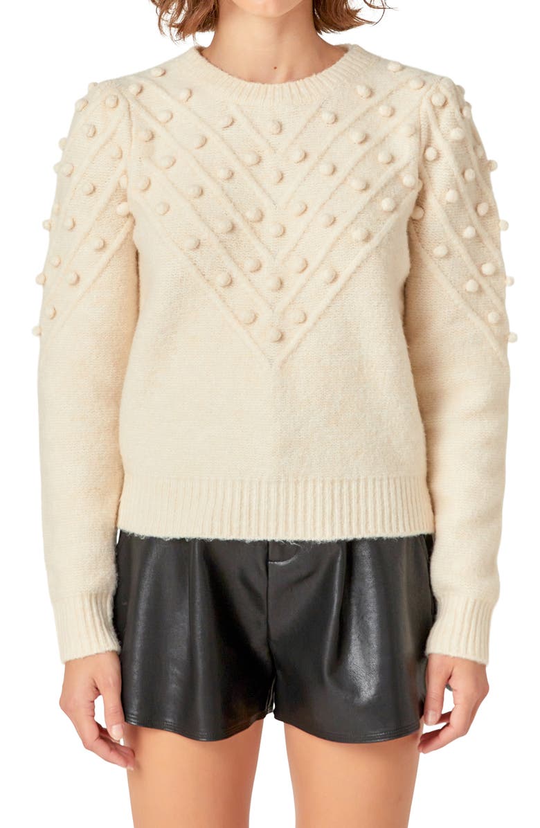 English Factory Pompom Accent Crewneck Sweater, Alternate, color, Ivory