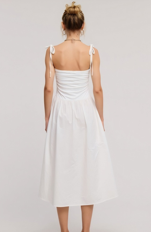 Modenaire Ruched Bodice Midi Dress With Tie Straps And Gathered Skirt In White