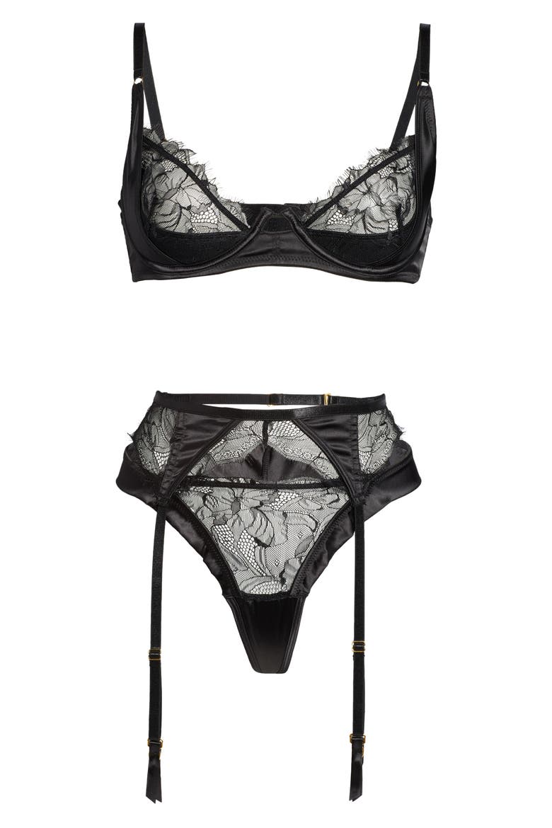 Carmella Underwire Bra, Thong & Suspenders Set, Alternate, color, BLACK