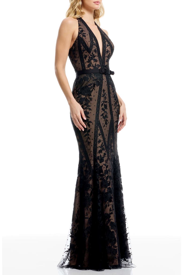 Devin Embroidered Lace Halter Evening Gown, Alternate, color, BLACK/NUDE