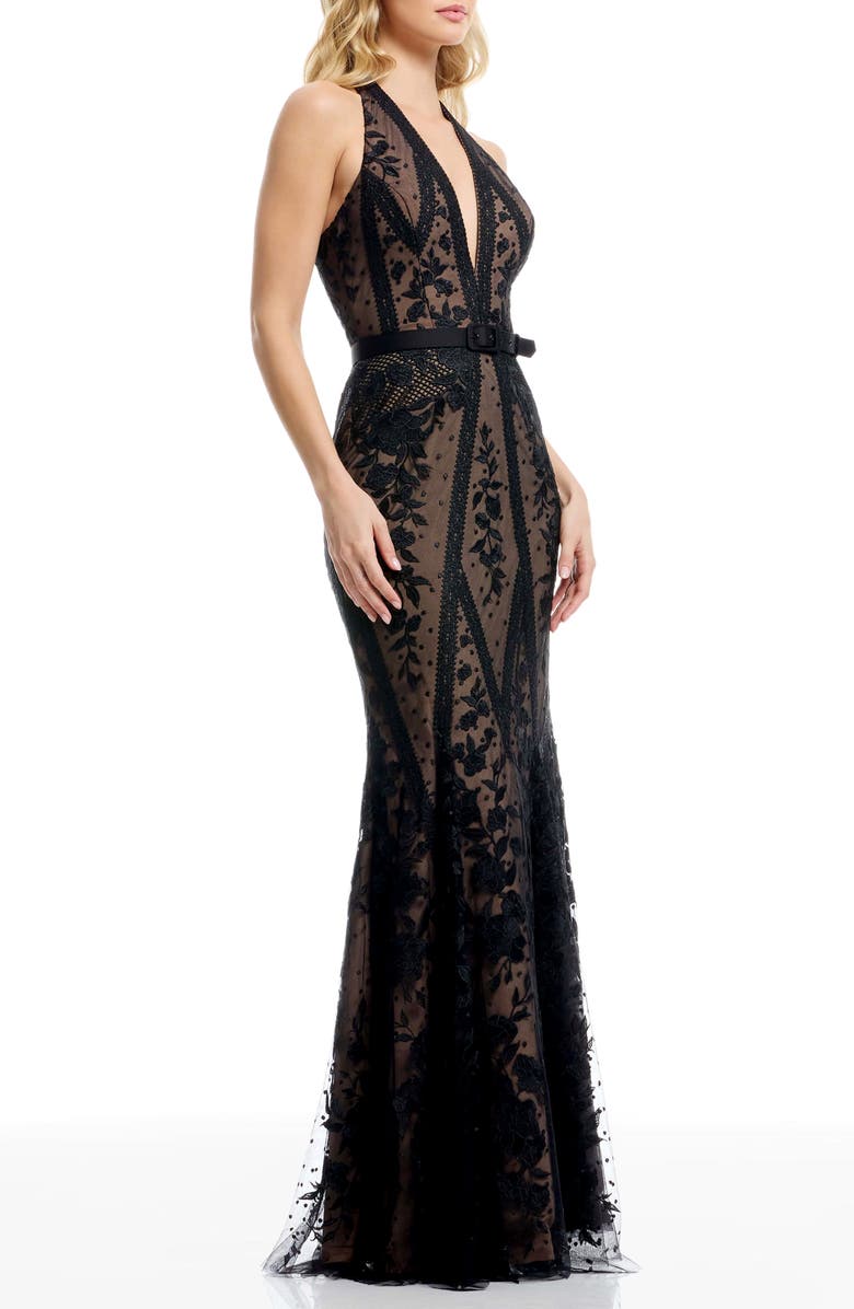 Dress the Population Devin Embroidered Lace Halter Evening Gown, Alternate, color, Black/Nude