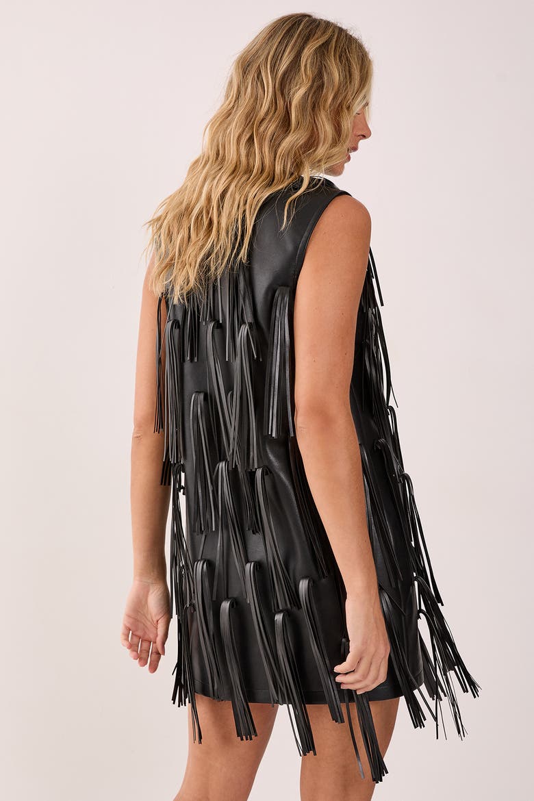 Faux Leather Tassel Plunge Mini Dress, Alternate, color, Black