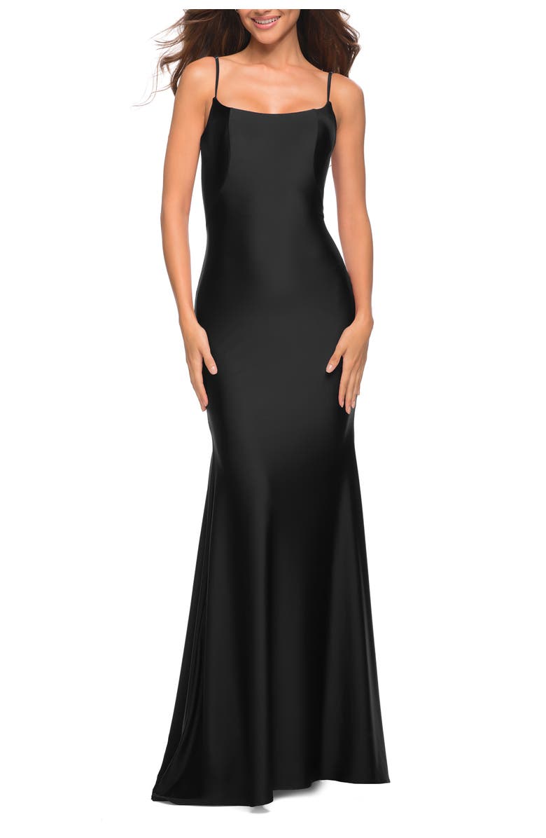 La Femme Chic Luxe Jersey Gown with Train and V Back, Main, color, Black