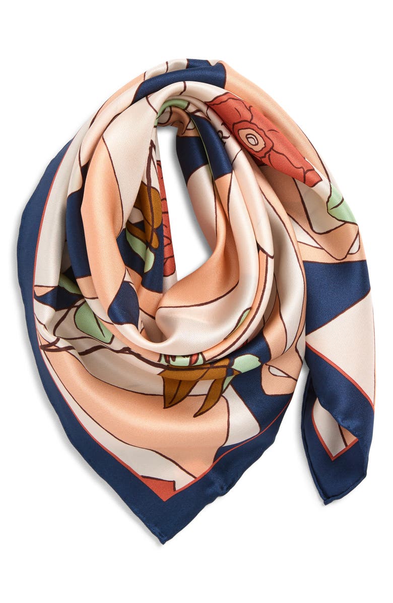 Lost Pattern Camellia Silk Square Bandana, Alternate, color, Navy