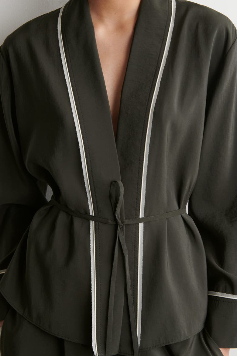 Contrast-piped Belted Wrap Top, Alternate, color, DARK GREEN