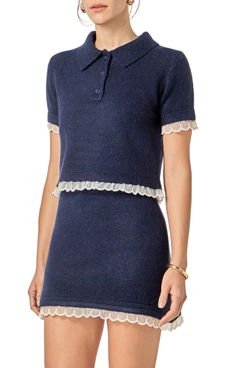 English Factory Faux Pearl Embellished Polo Sweater, Alternate, color,