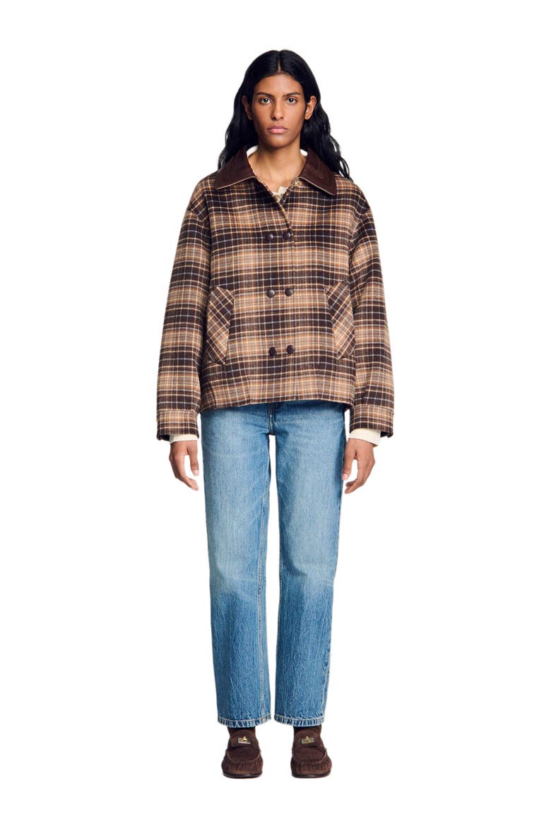 Check coat with leather collar, Alternate, color, Brown