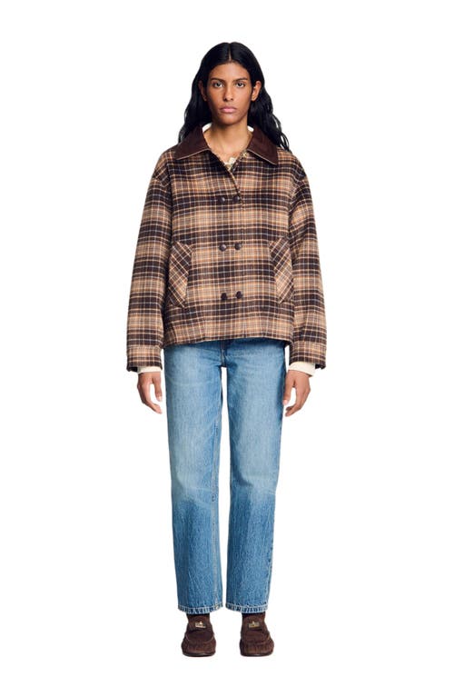 Sandro Check Coat With Leather Collar In Brown