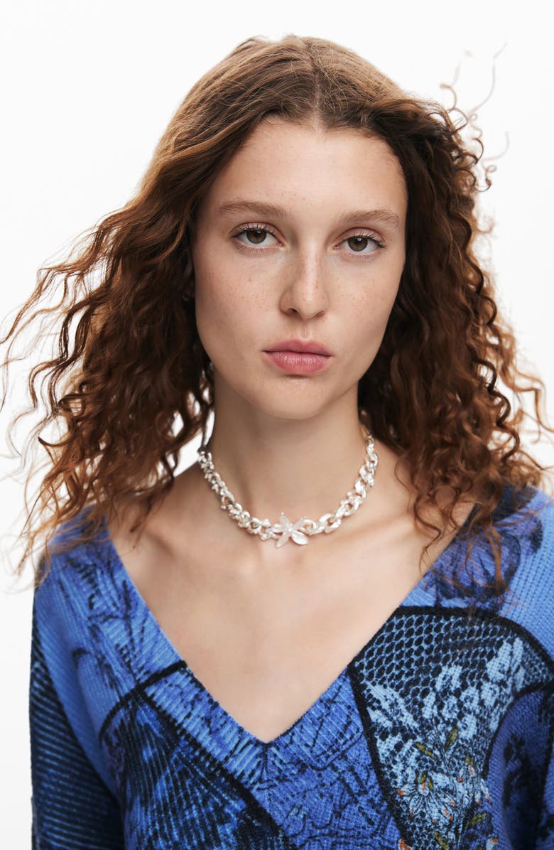 Desigual Ocean Floral Print V-Neck Sweater, Alternate, color, 