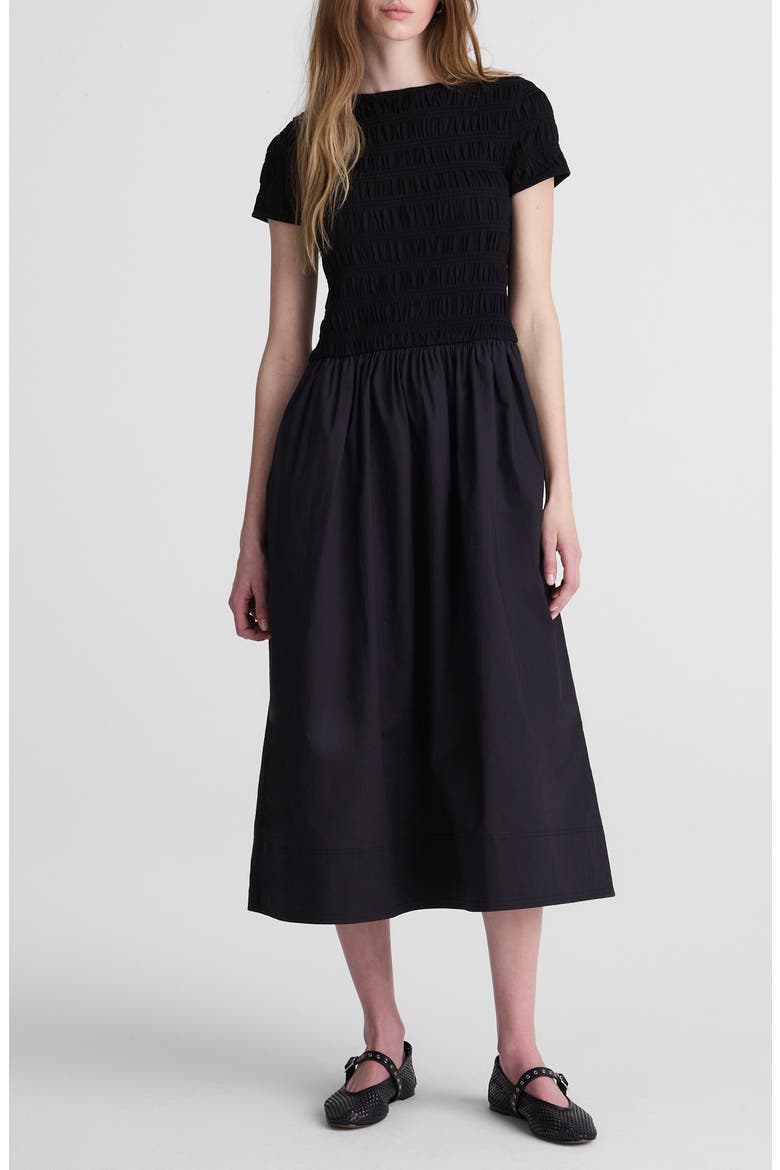 Smocked Boatneck Midi Dress, Main, color, JET BLACK